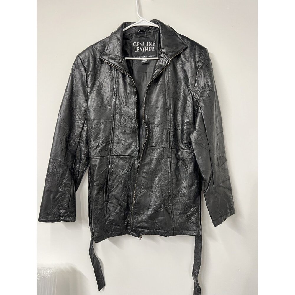 Vtg 90s Women’s XL Black Patchwork Stitched Patterned Leather Jacket‎ Belt